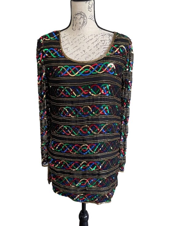Stenay Tops - Vintage Stenay Silk Rainbow Sequin Shirt Scoop Neck Blouse Top Showgirl Sparkle